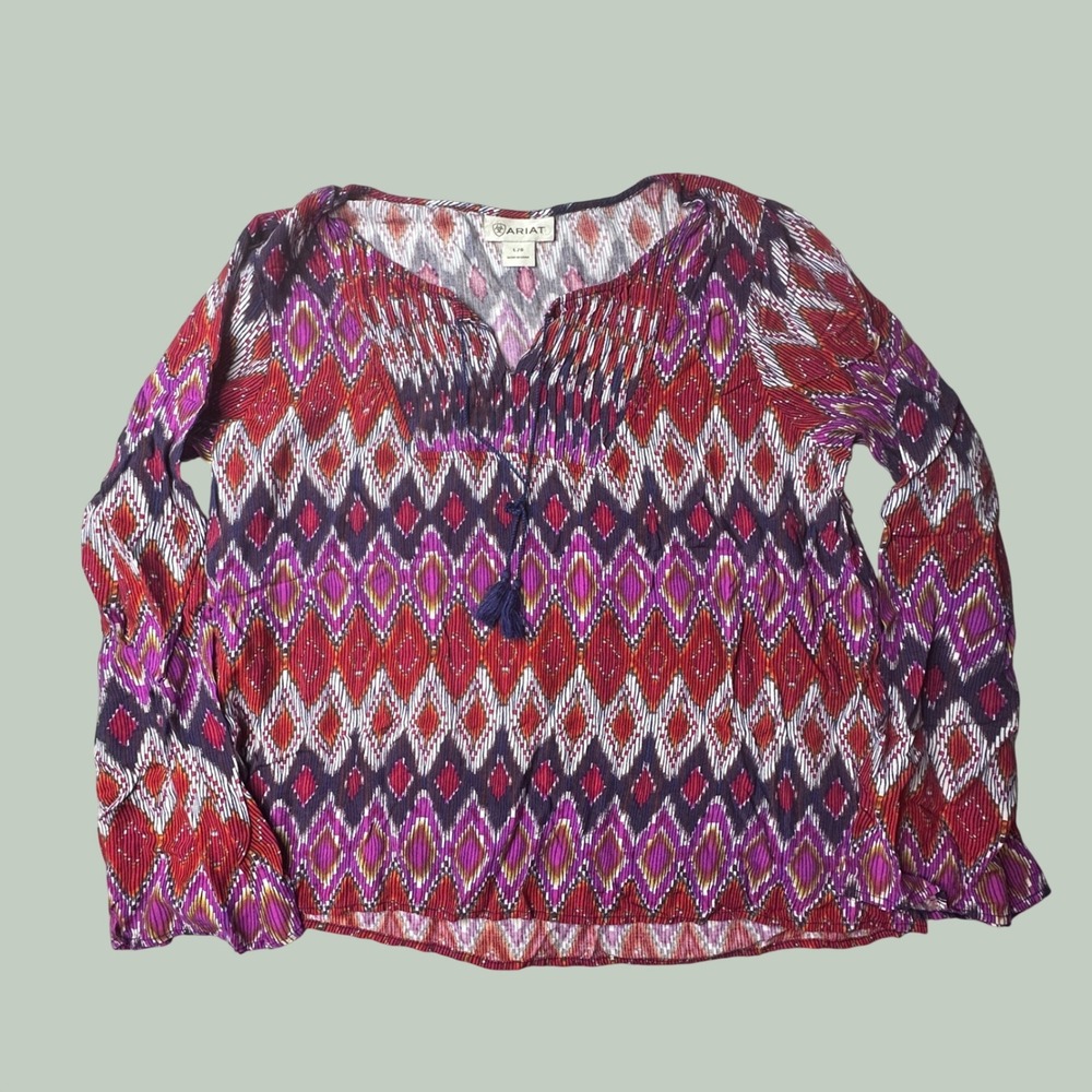 Ariat Blouse Womens L 10016049 Purple Red Geometric Ikat Tassel Split Neck